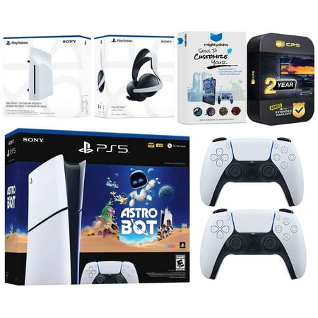 Sony PlayStation 5 Slim Digital Astro Bot Bundle with Disc Drive, Extra Controller, Pulse Elite Headset, MightySkins Voucher and 2 Year Extended Warranty - Glacier White