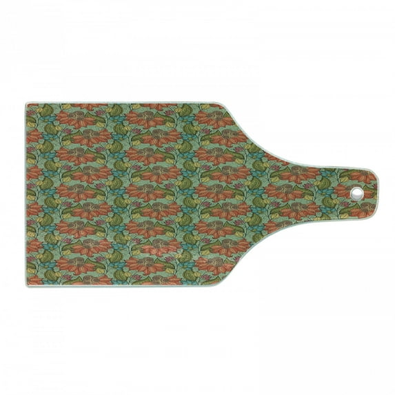 Leaf Cutting Board, Flourishing Nature Pattern Rich in Color with Oriental Influences Old Fashioned Style, Tempered Glass Cutting and Serving Board, Wine Bottle Shape, Multicolor, by Ambesonne