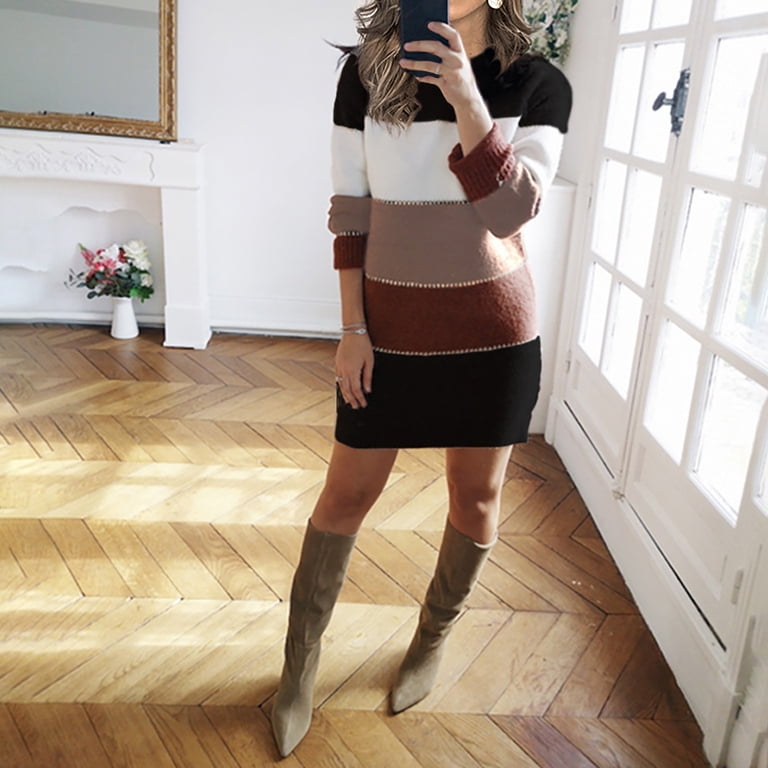 Zerlibeaful Fall Dresses For Womens Winter O-neck Sweater Color Striped  Pullover Sweater Dress Long Sleeve Slim Mini Dress - Walmart.com