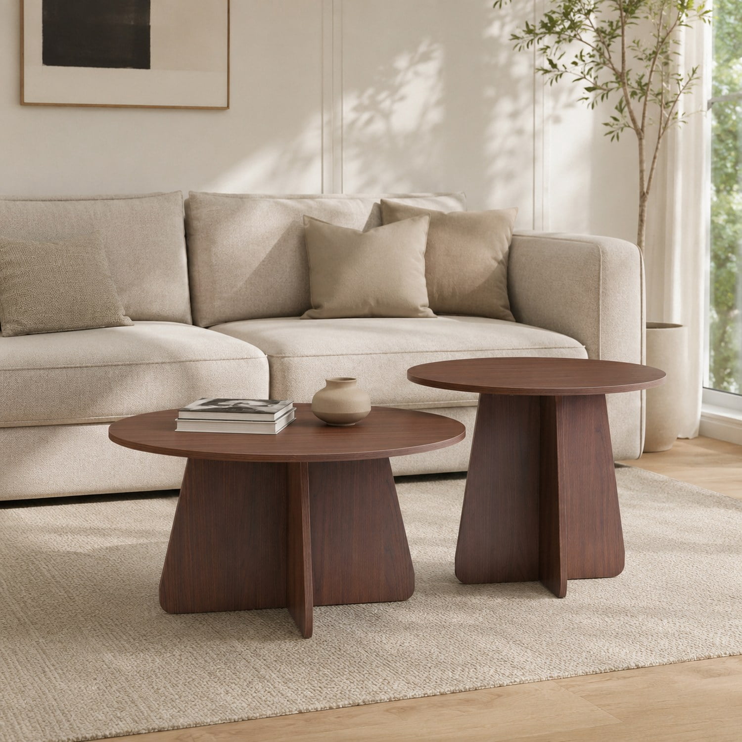 Retro-Style Nesting Coffee Table Set, Available In Walnut Or Natural Wood Finishes, Round Nesting Side Tables With Crisscross Legs, Ideal For Living Rooms And Dining Rooms