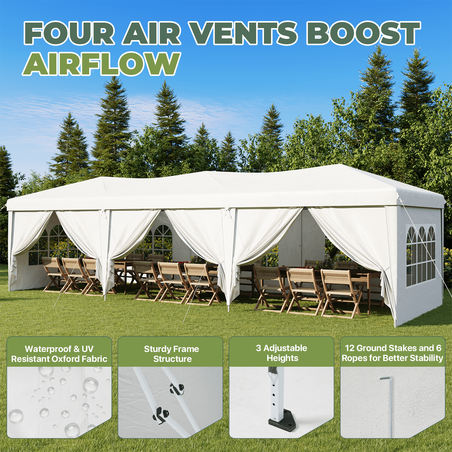 BaPiPro 10'x30' Pop up Canopy Tent, Folding Outdoor Party Event Tent with 8 Removable Sidewalls, 5 Windows, Portable Instant Shelter Canopy Gazebo, White