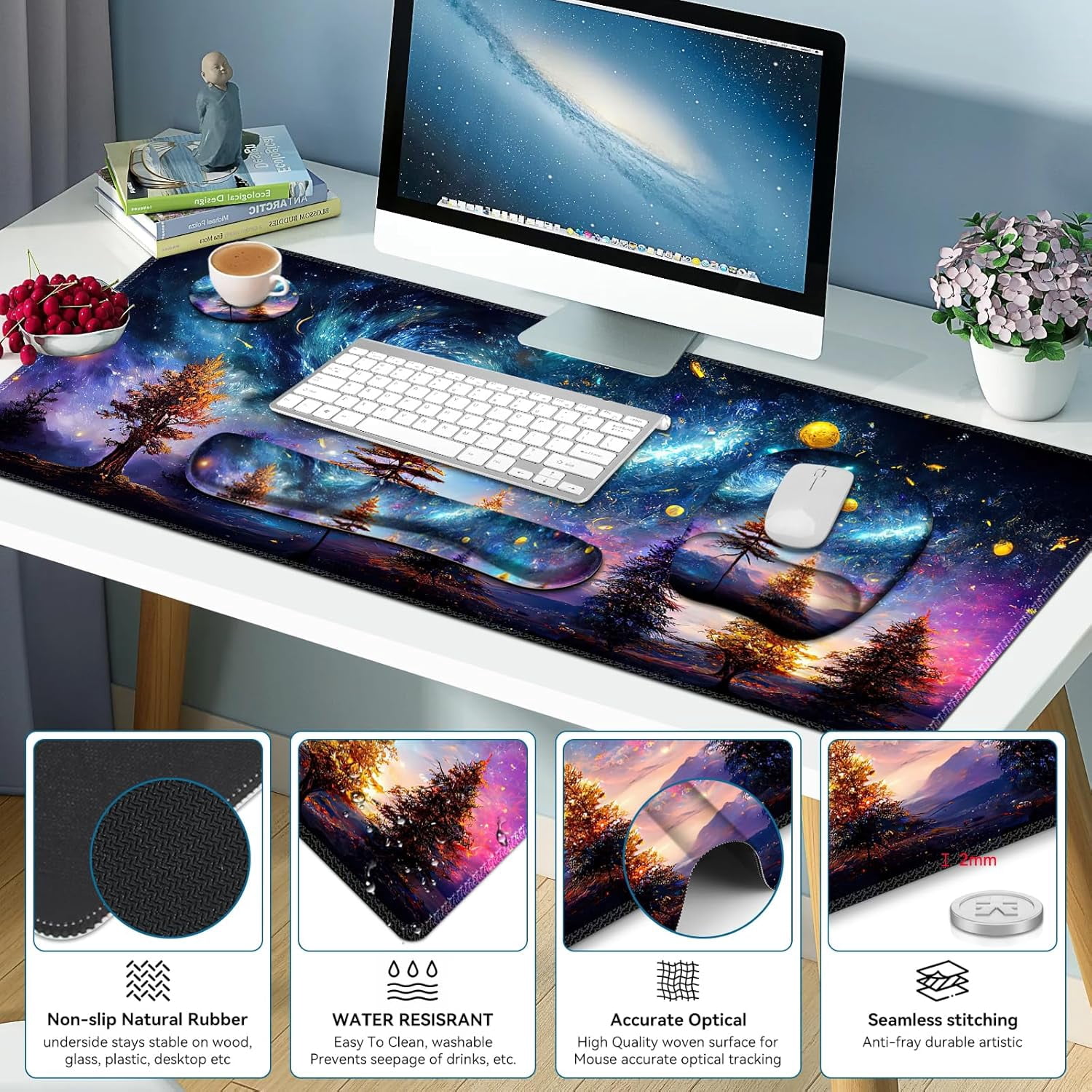 4 in 1 Large Mouse Pad, Keyboard Wrist Rest Set, Ergonomic, Non-slip, Waterproof, Colorful World