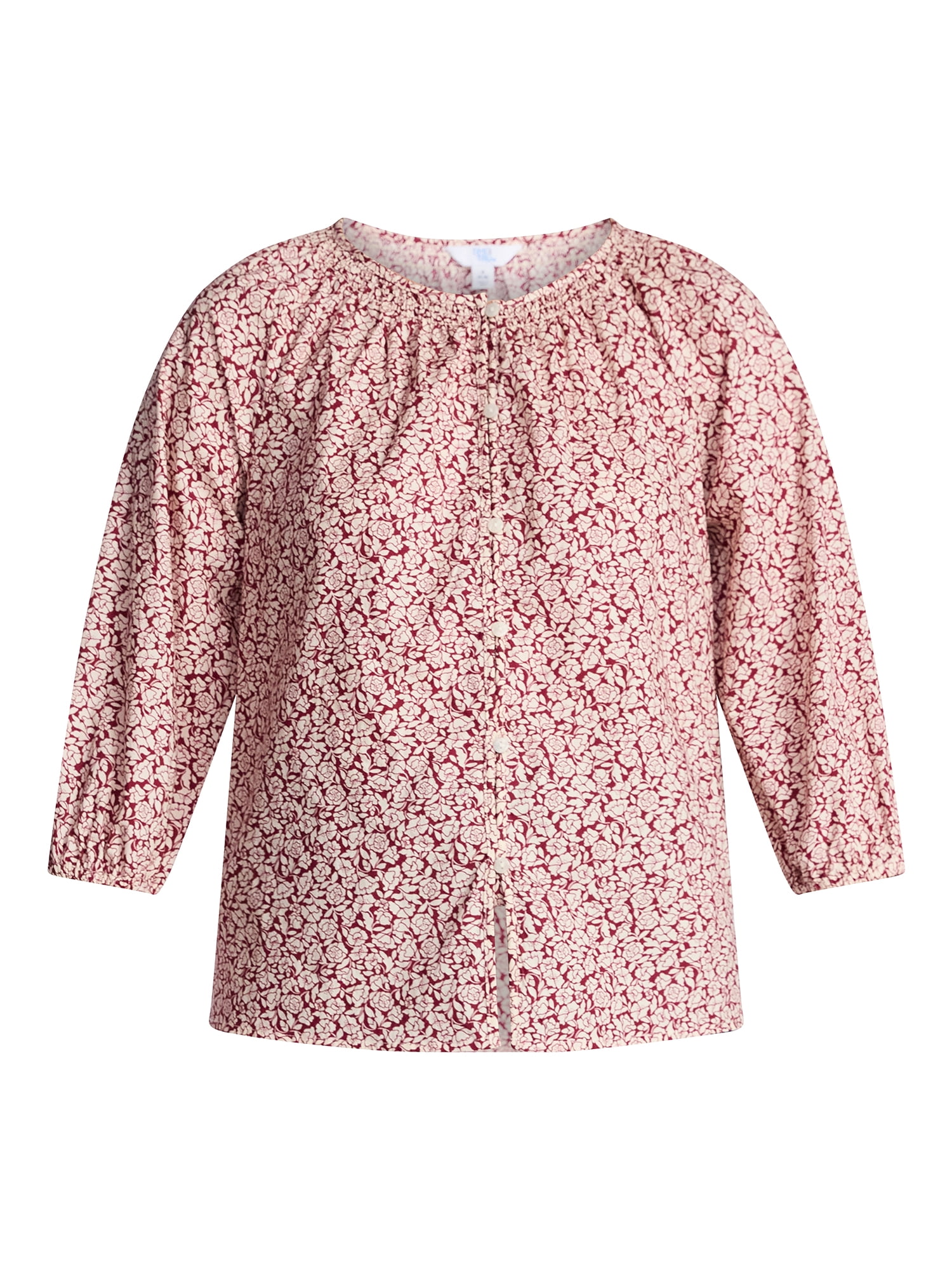 Time and Tru Women's Cotton Button Front Blouse with ¾ Length Sleeves, Sizes XS-XXXL