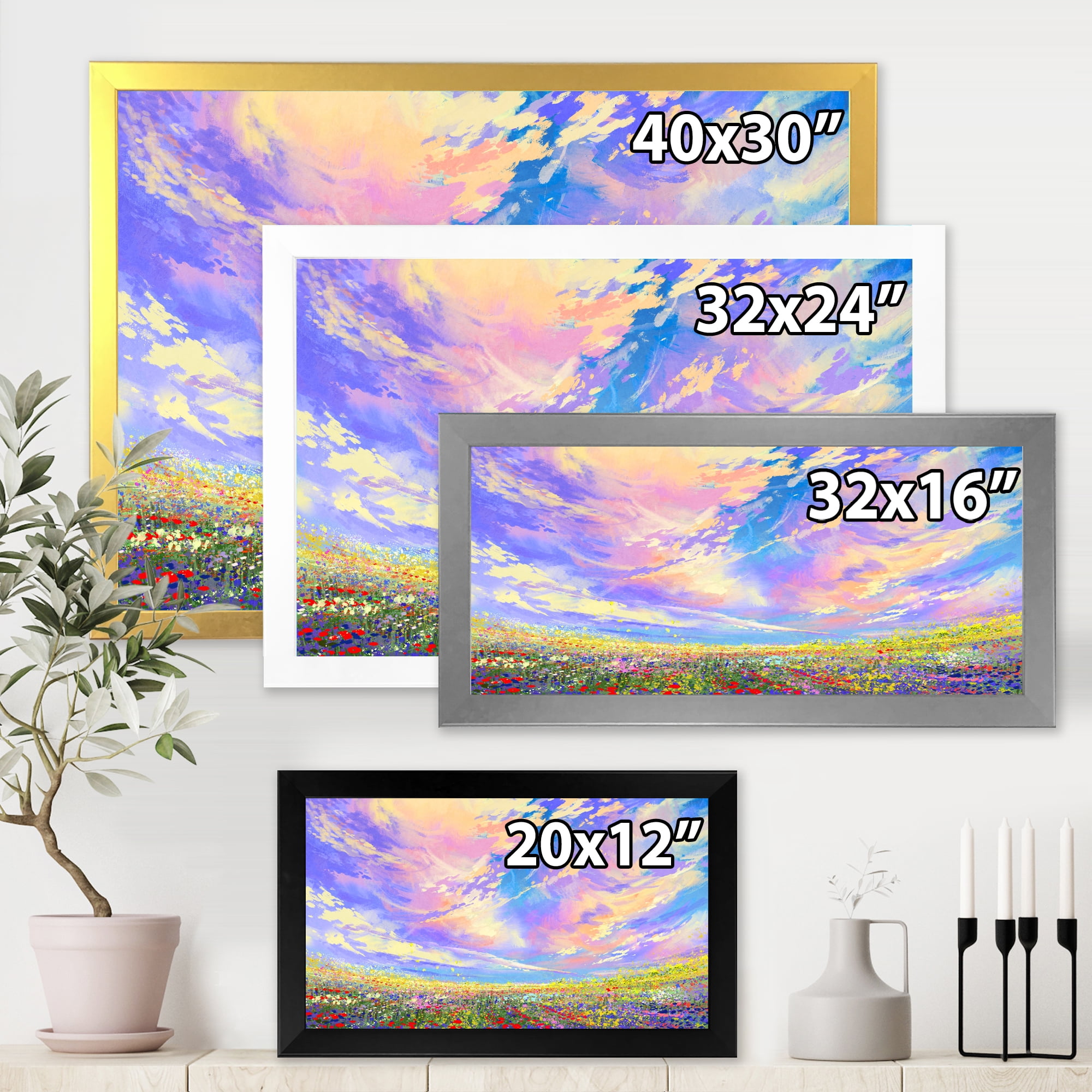 Designart 'Gorgeous Clouds Over Colorful Flowers In Field' Traditional Framed Art Print