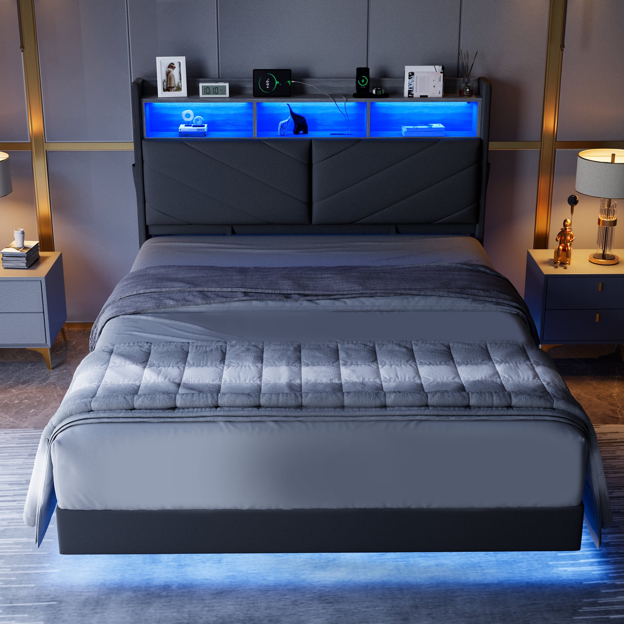 Anyact Full Size Floating Bed Frame with LED Upholstered Platform, Velvet Bed Frame & Ergonomic Storage Headboard, Charging Station, Gray