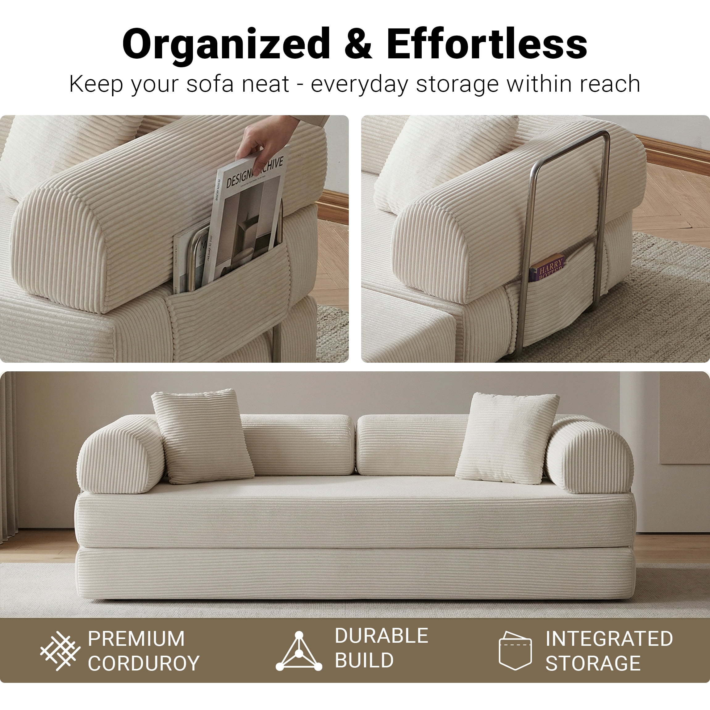 Vanress 78" Convertible Sofa Bed, Folding Sleeper Sofa Couch Bed with Fixed-Shape Frame, Pull-Out Sleeper Loveseat, Corduroy Boneless Futon Bed, No Assembly Required for Living Room & Bedroom, White