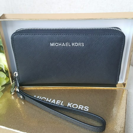 Michael Kors saffiano leather phone case wristlet wallet black with Silver
