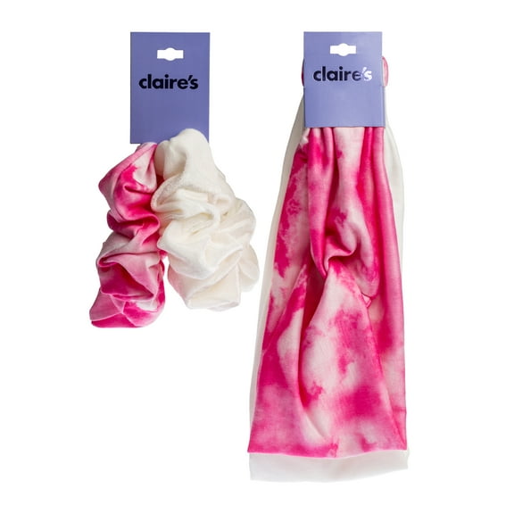 Claire's Teen Pink Hair Bundle, Tie-Dye Scrunchies for Ponytails and Matching Headbands, 4 Pack