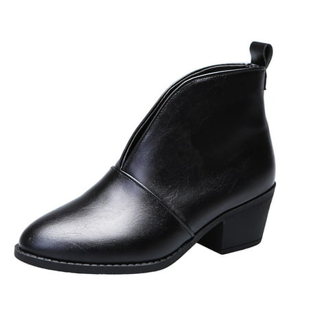 

Gzztg Women Shoes Vintage Slip On Boots Pointed Toe Round Head Thick Heel Short Boot