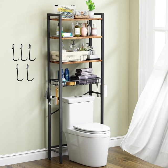 para Baño,Organizador de Baño de 4 Niveles Sobre el Inodoro con Estante Ajustable, 5 Ganchos Móviles y 1 Portarrollos de Papel Higiénico Se Adapta a la Mayoría de los Inodoros
