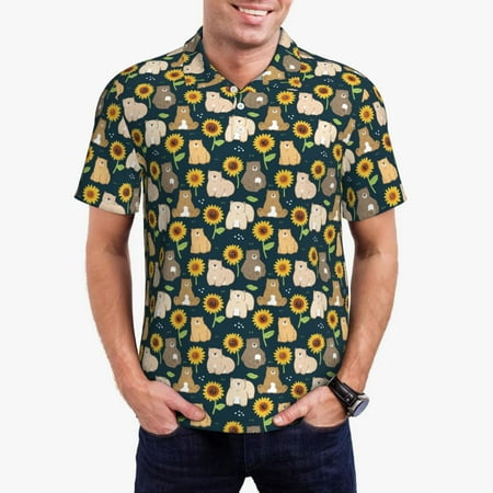 Goofa Bear Sunflower Print Mens Polo Shirts Quick Dry Short Sleeve Golf T Shirt Performance Moisture Wicking Casual Workout-Small