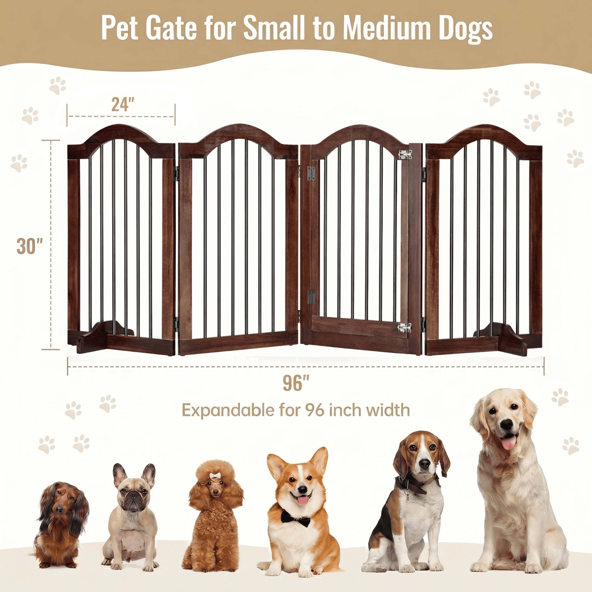 Prilinex 30″ Tall 4-Panel Dog Gate Freestanding, 96" W Foldable Dog Fence Pet Gate for Doorway Stairs, Brown