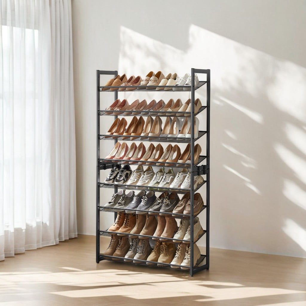 Shoe Rack, 8-Tier Shoe Organizer, Metal Shoe Storage, Entryway, Set of 2, 4-Tier Stackable Shoe Shelf, with Adjustable Flat or Angled Shelves