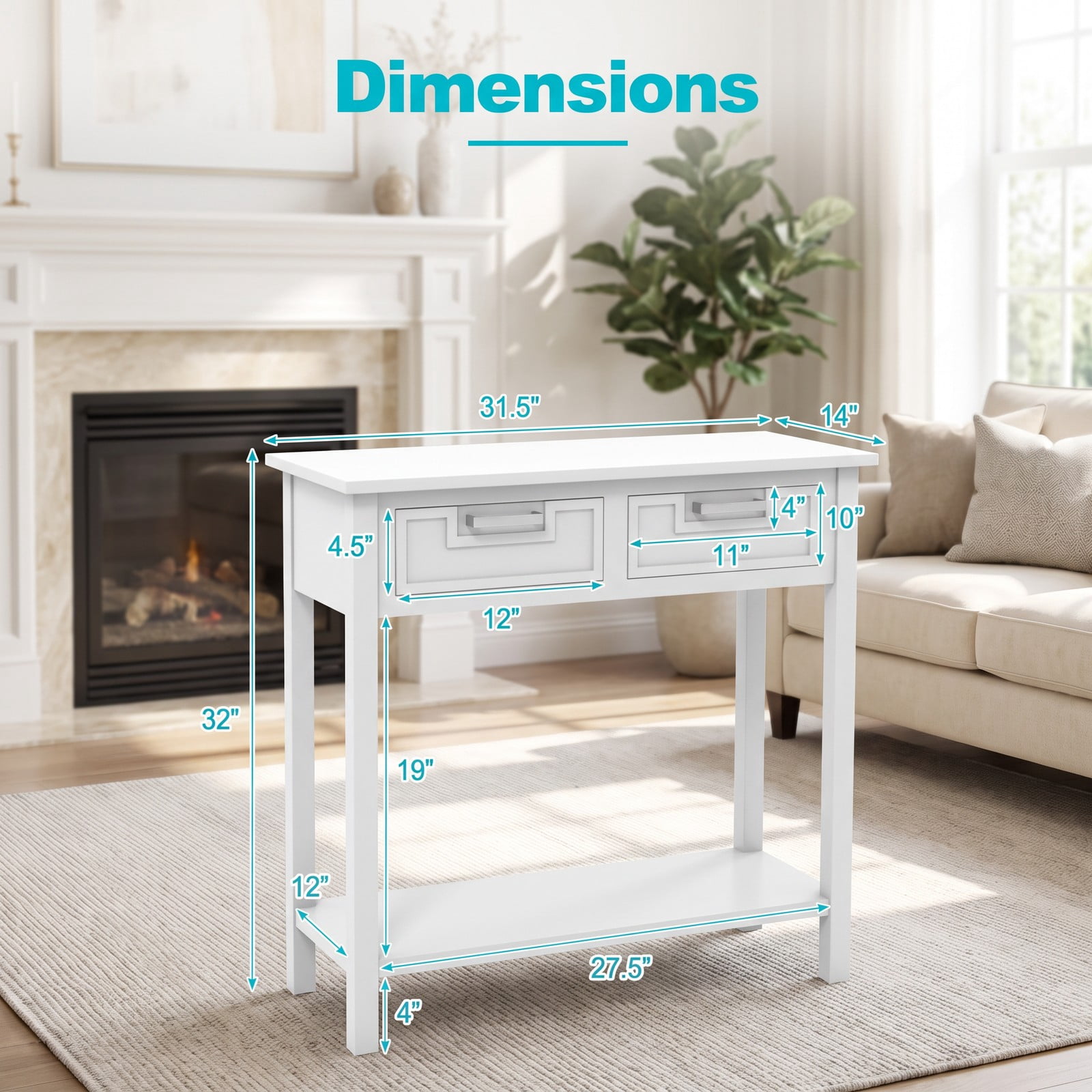Furnibear Narrow Console Table with 2 Drawers and Open Storage Shelf and Solid Wood Legs for Small Entryway and Foyer, White