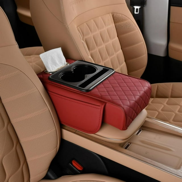 Multifunctional PU Leather Car Mat, Multifunctional PU Leather Car Armrest Box Mat, 5-in-1 Center Console Cover, with Cup Holder, Tissue Slot & Phone Holder for Most Cars (RED)