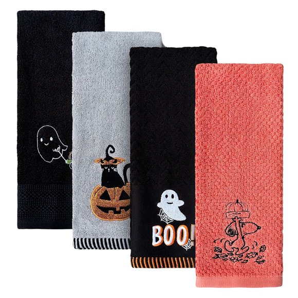 Juego de 4 toallas de mano de algodón para Halloween, para baño, bordadas, 70 x 40 cm, con diseño de esqueletos de calaveras fantasmas, para cocina, arañas y calabazas, para mesas de truco o trato