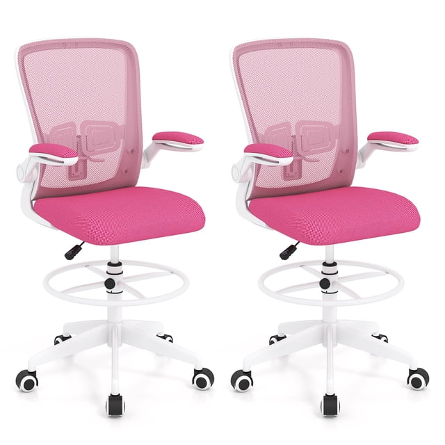 Gymax 2PCS Home Office Drafting Chair w/Flip-Up Armrests Adjustable Footrest Ring