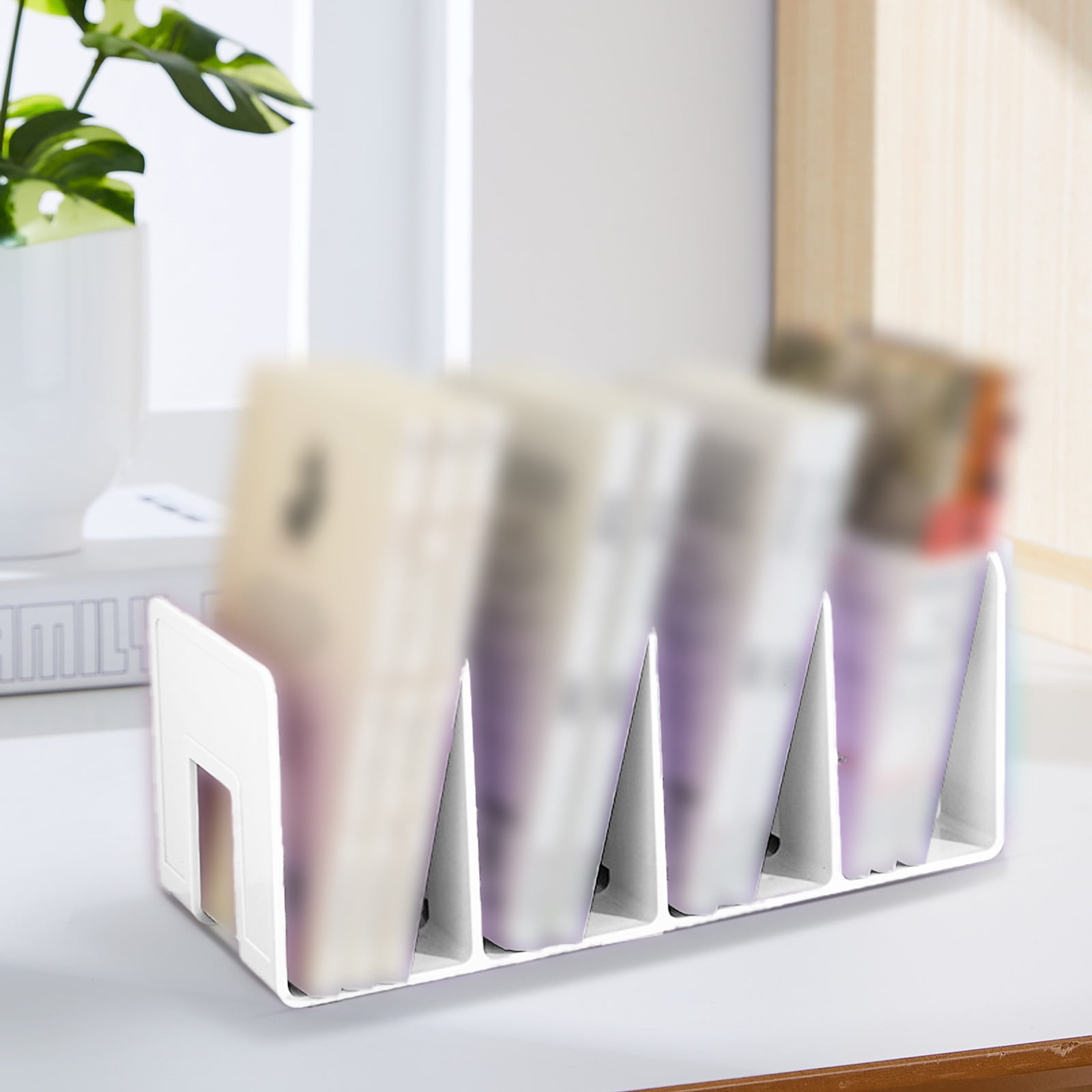 Clear Acrylic File Sorter With 4 Compartments, Sturdy Desk File Organizer Shelf Book Holder Purse Handbag Clutch Divider File Folder Rack for Letter Cookbooks Home Office Kitchen Supplies
