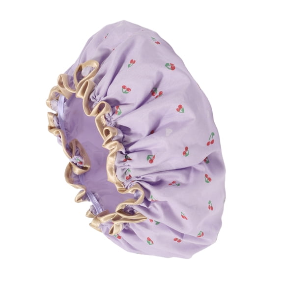 Vocoste 1 Pc Women Double Layer Cherry Pattern Shower Cap for Bathroom Vacation Purple Polyester Cotton PEVA