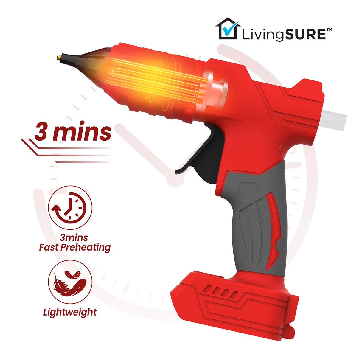 Cordless Hot Glue Gun by LivingSURETM Fast Preheating Hot Melt Glue Gun includes 20pcs Glue Sticks Ergonomic Easy Grip Handle - Battery Not Included