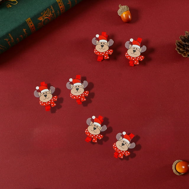 Vaidha Pinces en Bois de Noël / Accessoires de Décoration Festifs des Fêtes / Ensemble de 6 Ornements en Bois Rouges à Clipser pour Arbre, Cartes et Déco de Fête