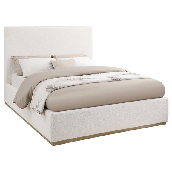 FurniFact Beige Upholstered Queen Size Bed Frame with Headboard Platform Bed