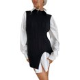 thumbnail image 1 of Suéter de cuello redondo para mujer, chaleco retro elegante de color puro con dobladillo dividido, jersey sin mangas para trabajo de oficina, 1 of 8