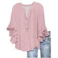thumbnail image 2 of Womens T Shirts Women's V Neck Tie Button Hollow Fabric Ruffled Sleeves Loose Casual Breathable Short Sleeves Tops for Women, 2 of 5