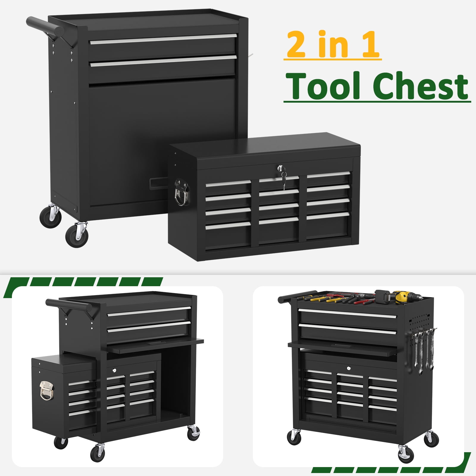 Odaof 8 Drawer Mechanic Tool Chest with Wheels Heavy Duty Rolling Tool Box Cabinet with Riser Sliding Drawers Keyed Locking System Top Detachable Toolbox Organizer for Workshop Cool Black
