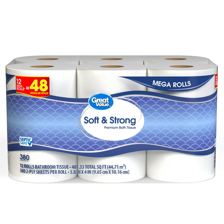 Great Value Soft & Strong Premium Toilet Paper, 24 Mega Rolls, 380 Sheets  per Roll 