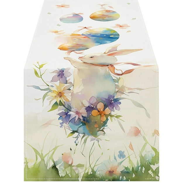 Dsscvnef Chemin de Table de Pâques en Lin Imprimé Lapin Décoration de Table de Fête de Vacances à la Maison Nappe de Printemps Style Ferme