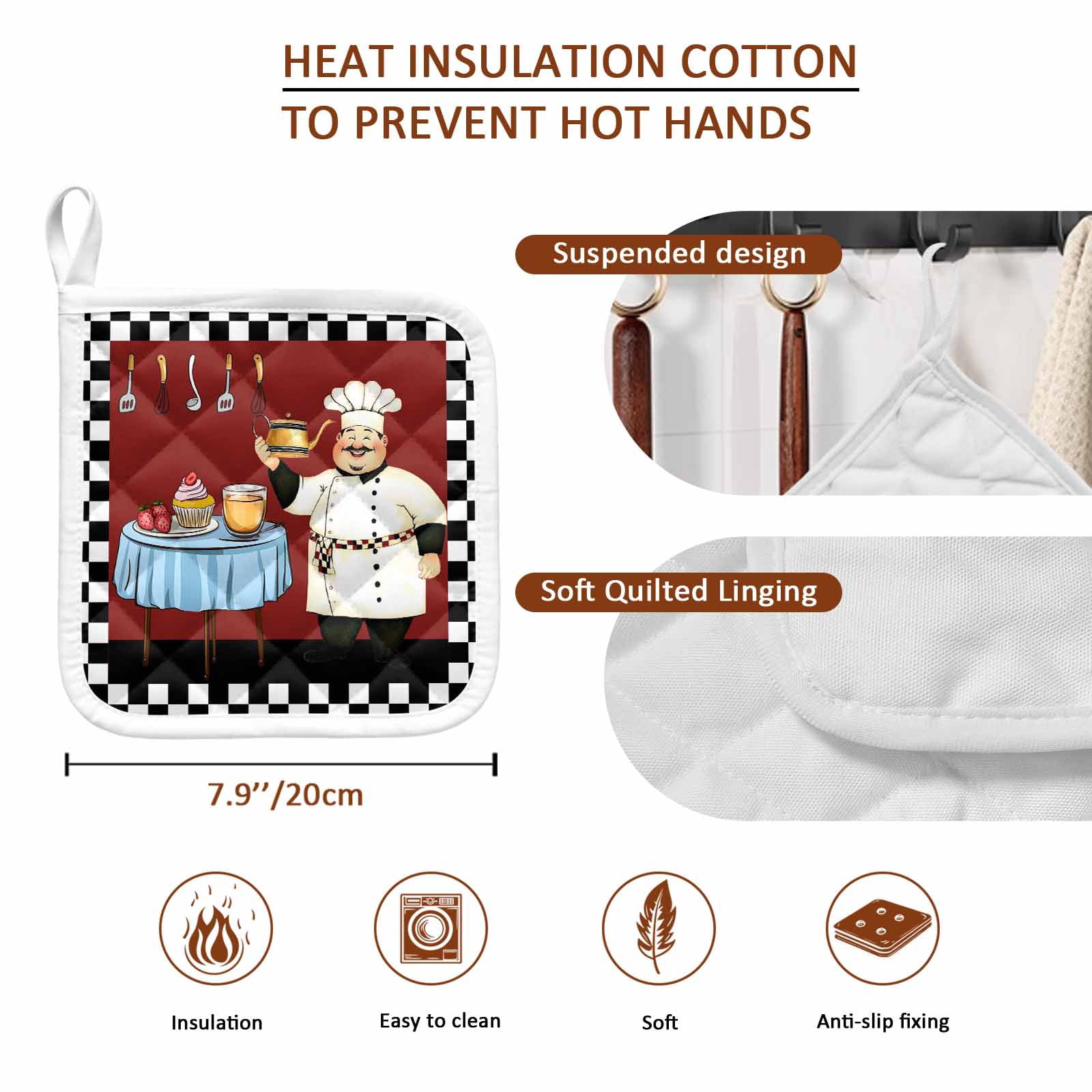 Chef Pot Holders for Kitchen Heatproof Potholder, 5 Pack Cartoon Red Food Cooking Black White Buffalo Check Hot Pads Multipurpose Oven Pads Cloth Potholders Trivet for Cooking Baking