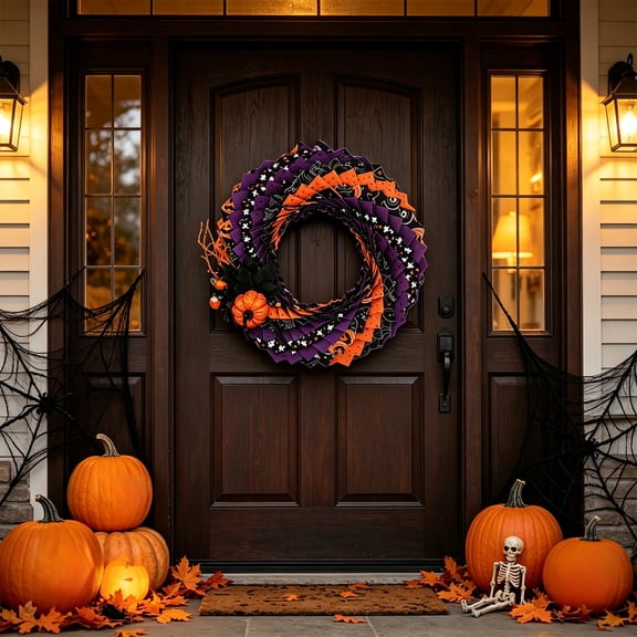 AZXY Orange Purple Fabric Pumpkin Halloween Wreath Decor, Halloween Decorations Indoor Outdoor Yard Party Door, Halloween Party Decorations for Home Front Door Holiday Decor