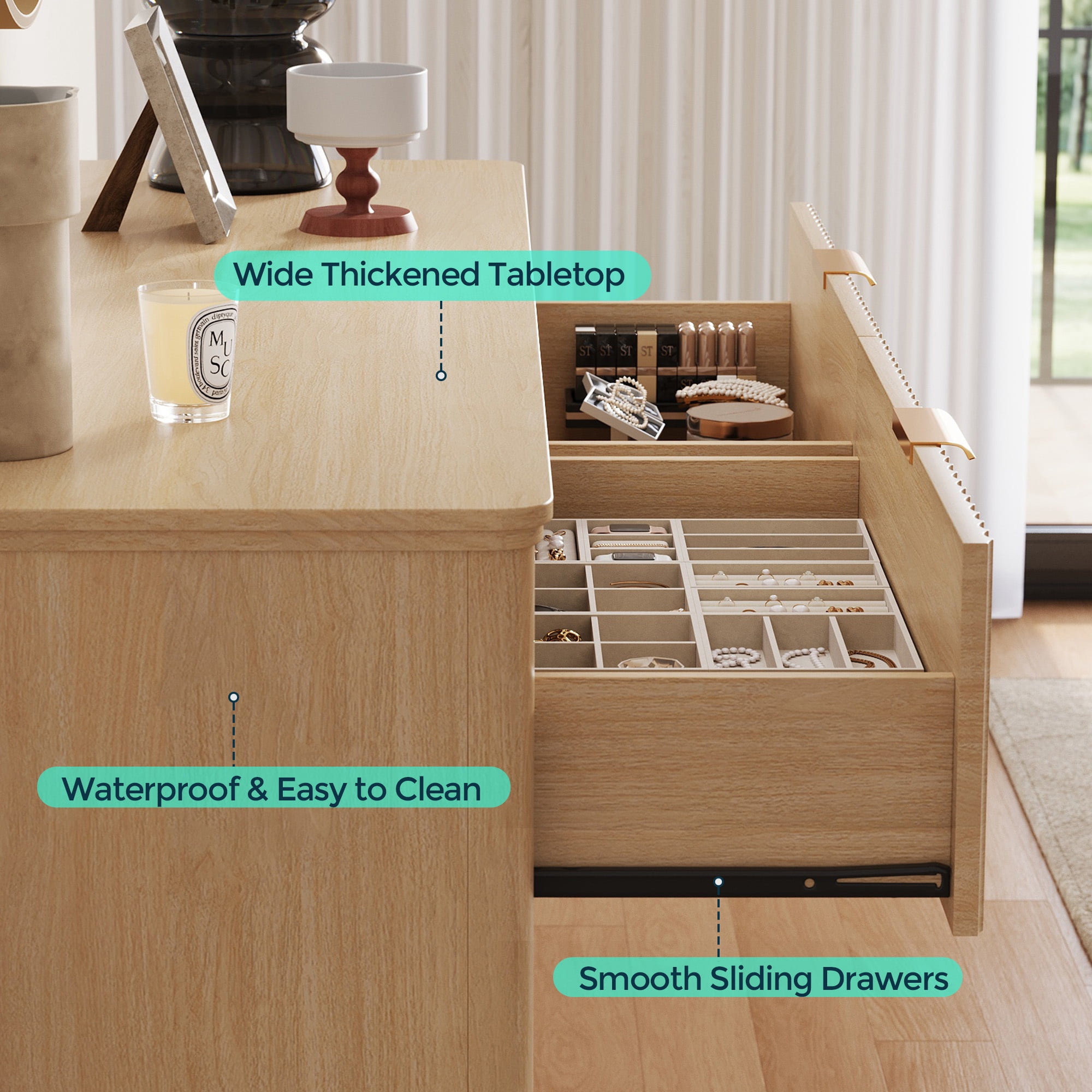 Linsy Home Fluted Dressers for Bedroom, Wide Chest of 6 Drawers, Oak