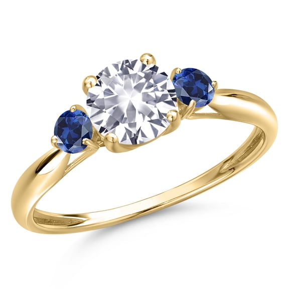 Gem Stone King 10K Yellow Gold White Created Sapphire and Blue Created Sapphire 3-Stone Ring for Women | 1.28 Cttw | Round 6MM | Gemstone September Birthstone | Size 8