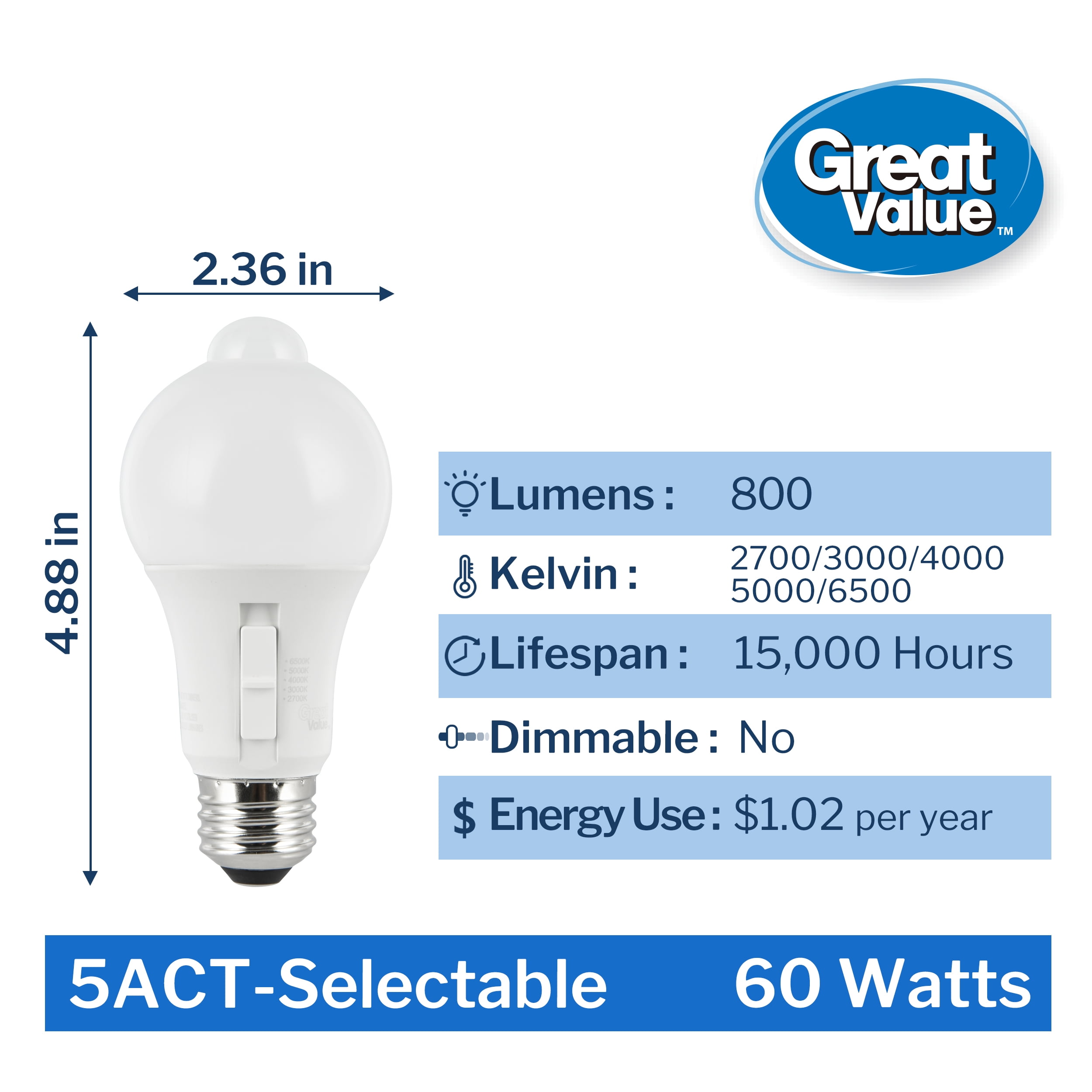 Great Value A19 LED Light Bulb, Indoor PIR Motion Sensor, Non-D2D, 60W Equivalent, E26 Medium Base, 6-10 ft