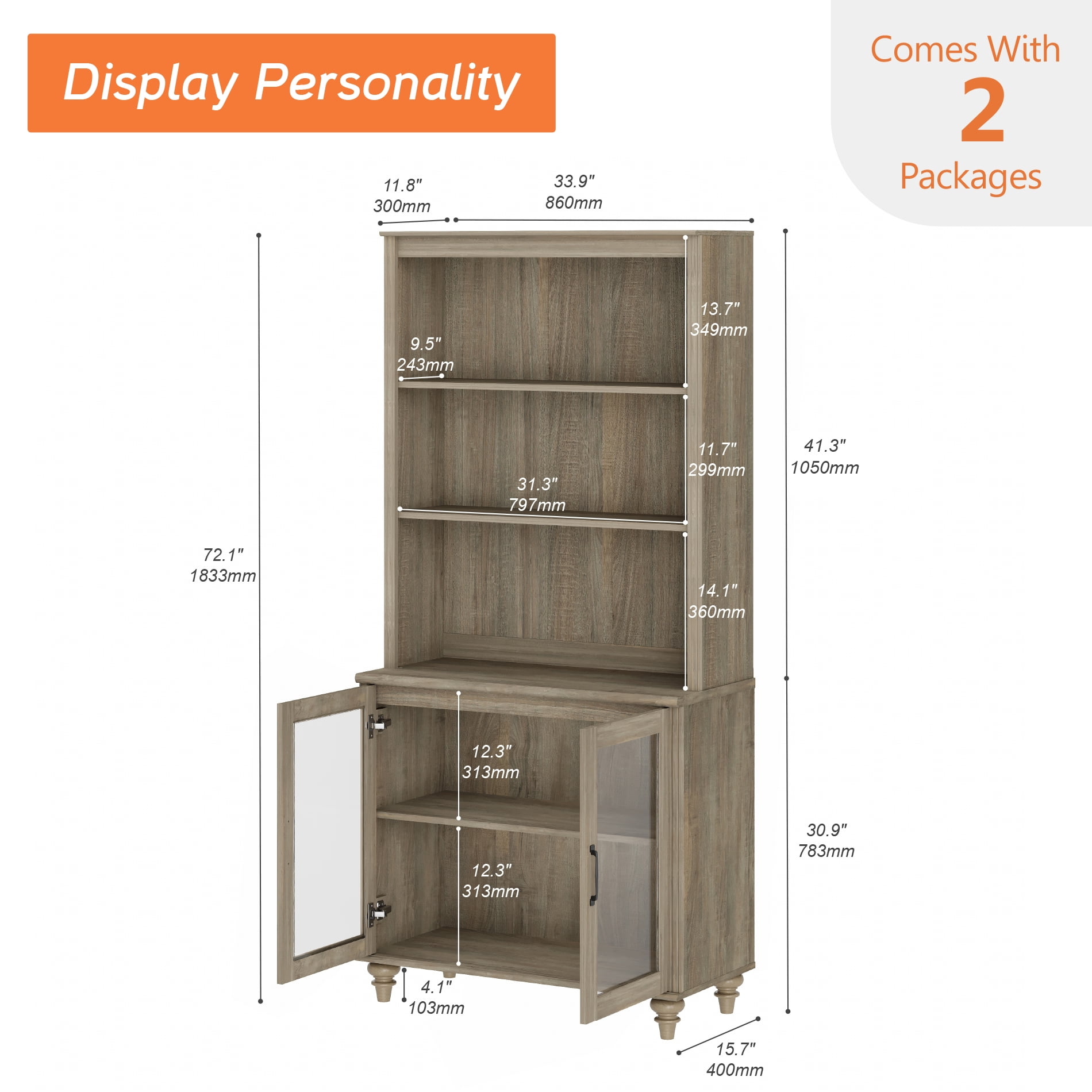 Farmhouse 5 Tier Bookcase With 2 Glass Doors, Wash Gray, 33.9" W