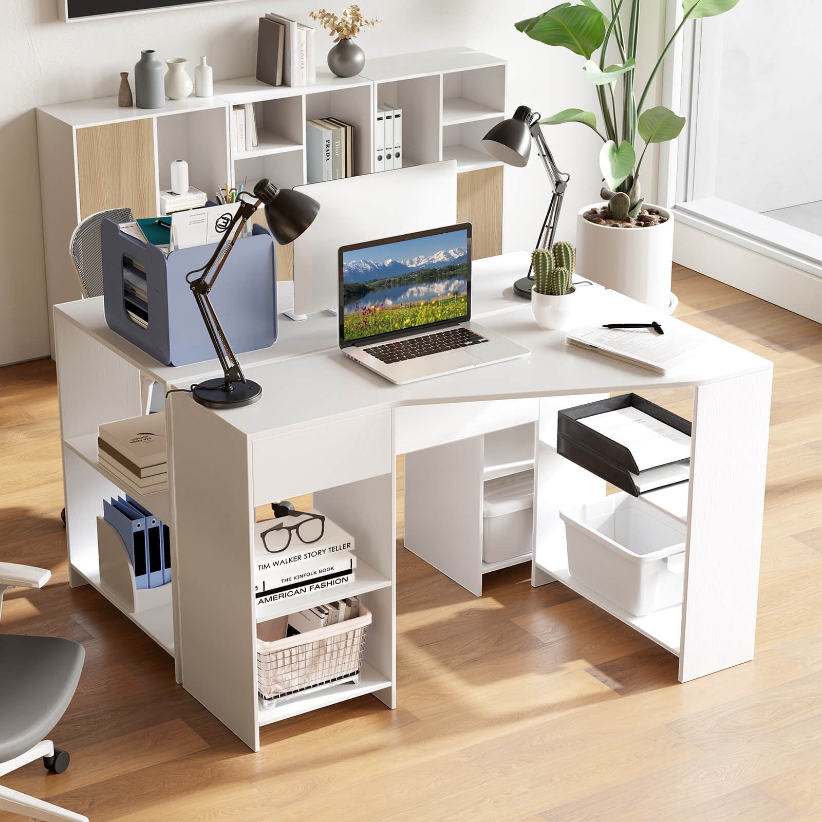 Costway L Shaped Computer Desk with Drawer & Storage Shelves for Home Office Workstation