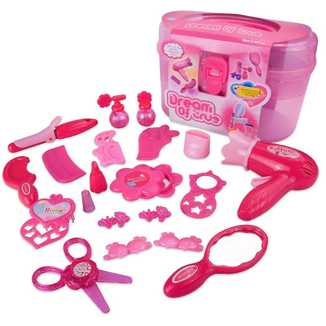 Kids Girls Makeup Kit, Hairdressing Set Including Hair Dryer, Comb, Curler, Scissors and Mirror