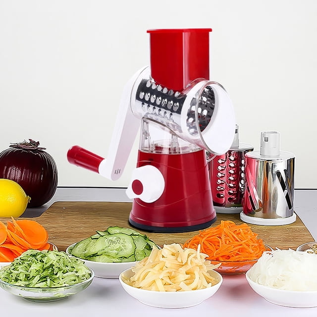 Rotary Cheese Grater, 3 In 1 Kitchen Shredder Vegetable Slicers with 3 Interchangeable Blades, Easy to Clean Rotary Grater Slicers for Fruit, Vegetables(Red)
