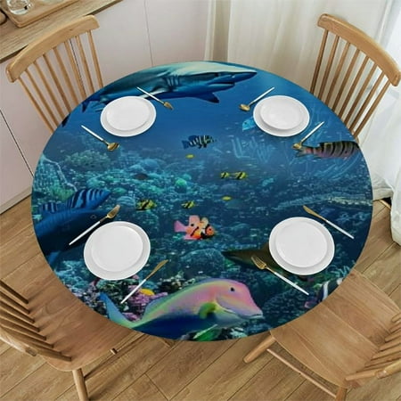 PIKWEEK Waterproof Resistant Fabric Ocean Underwater Shark Turtle Coral Sea Reef Seaweed Round Tablecloth White