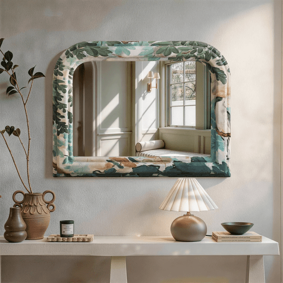 SHYFOY 39.4" Arched Fabric‑Wrapped Wall Mirror, Botanical Print Solid Pine Frame for Living Room, Entryway, Bedroom