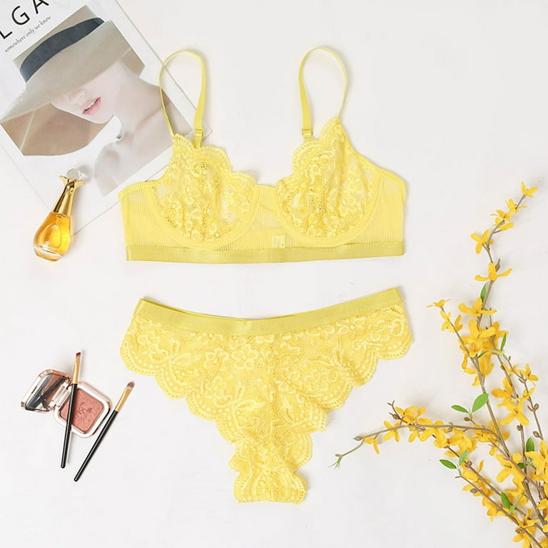 HWRETIE Women Lingerie Set Women Sexy Underwear Fashion Sexy Lace Bra Thong  Two-PCS Set Underwear Set Rollbacks Yellow 8(L) 