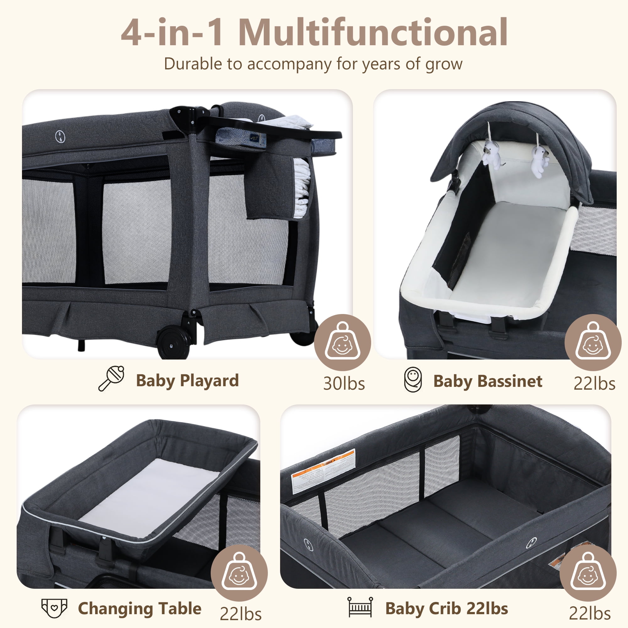 LINLUX Pack  and Play w/ Bassinet & Changing Table, Baby Playard for Toddler, Newborn Crib Baby Bed,Dark Gray
