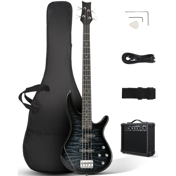 Ktaxon 44in 4 String Lightning Electric Bass Guitar Kit, Tiger Stripes, S-S Pickups, 20W Amp & Full Accessories, Black