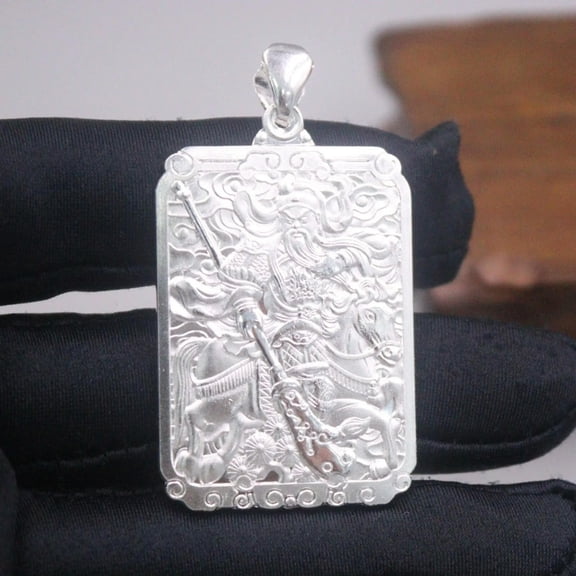 HOOUN Pure 999 Fine Silver Men Women Lucky Cloud Guan Yu Oblong Pendant 20-21g 