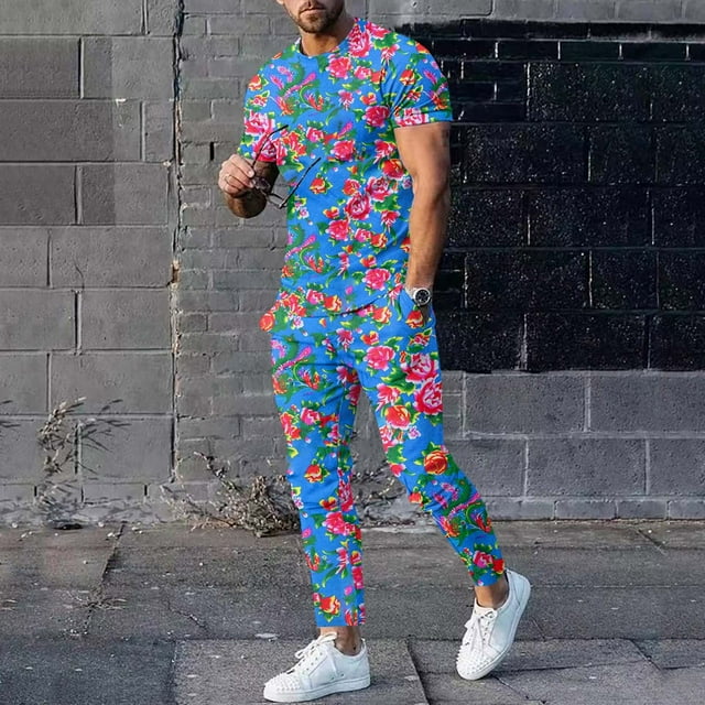 Ensemble de Complets pour Hommes à Imprimé Floral Moderne pour le Printemps et l'Automne avec Haut à Manches Longues à Col Rond et Bas Coordonnés Tenue Décontractée Élégante pour Hommes