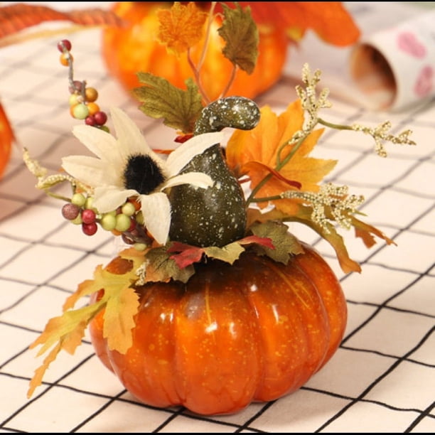 Calabazas artificiales para decoración, mini calabazas falsas con girasoles artificiales, Hojas de arce, bayas para decoración del hogar de mesa
