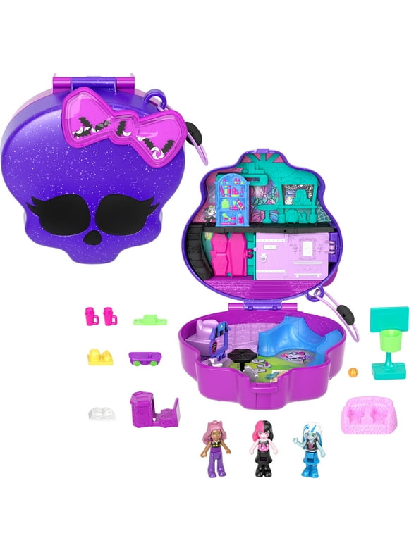 Polly Pocket Monster High Compact with 3 Micro Dolls & 10 Accessories, Opens to High School