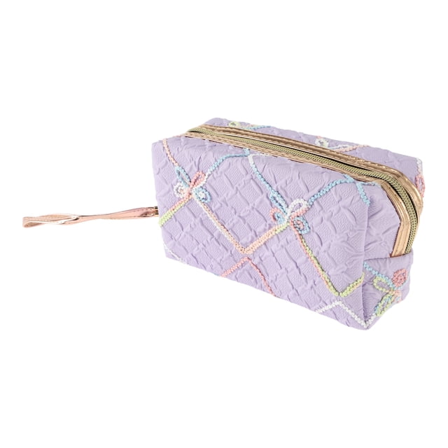 1 Pc Bolsa de Maquillaje Portátil con Lazo de Diamante para Mujeres para Viajes, Vacaciones y Camping, Color Púrpura PU